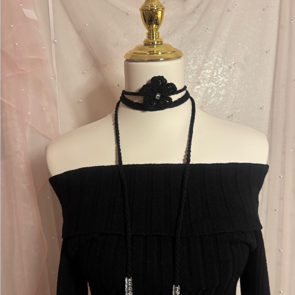 Crochet Black Flower Choker Neckalce